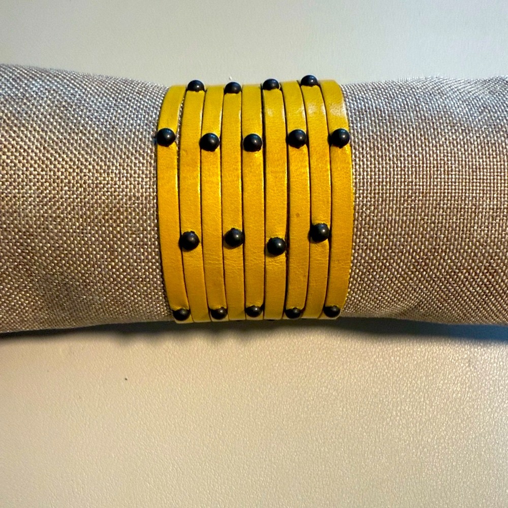 Yellow Leather Studded Bracelet Cuff